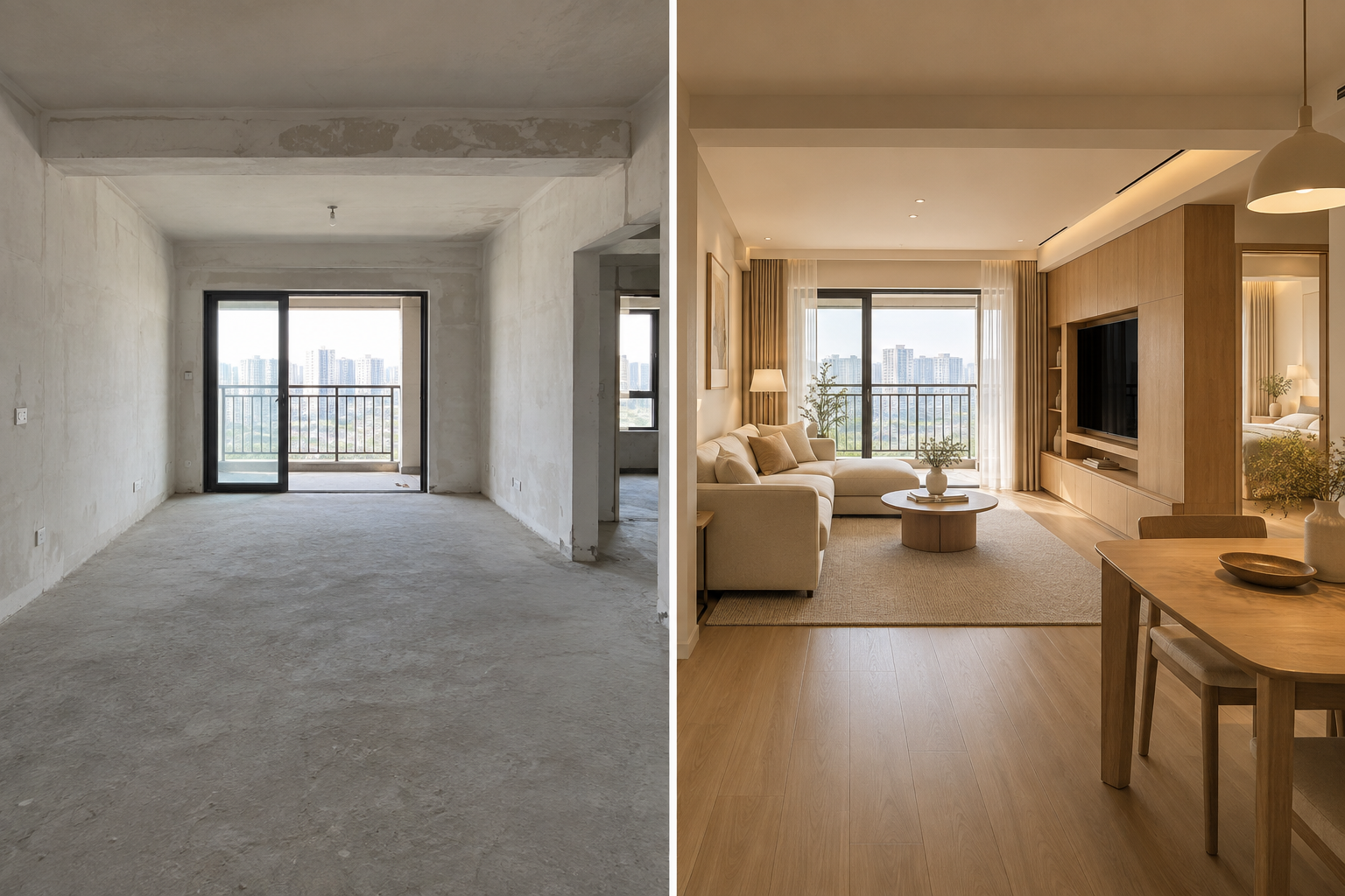 同一空间毛坯与完工前后对比 Bare shell and completed interior